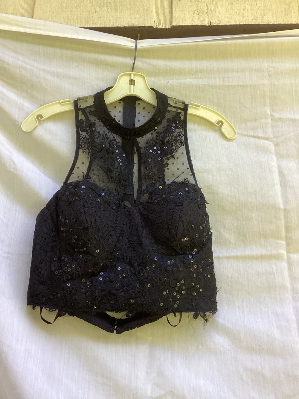 Jodi Kristopher Black Sequined Lace High-Neck cropped top, size 9